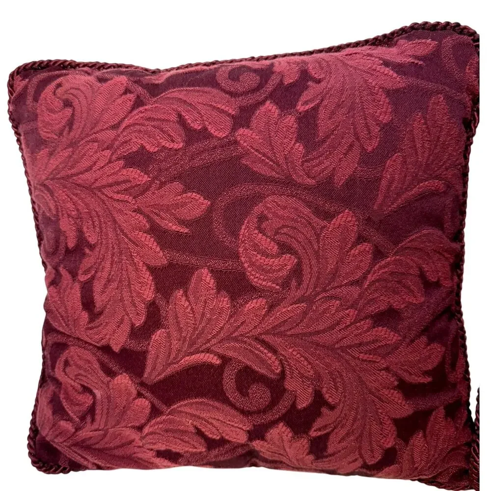 Pair Burgundy Damask Floral Throw Pillows 14x14 Cord Trim Traditional Decor